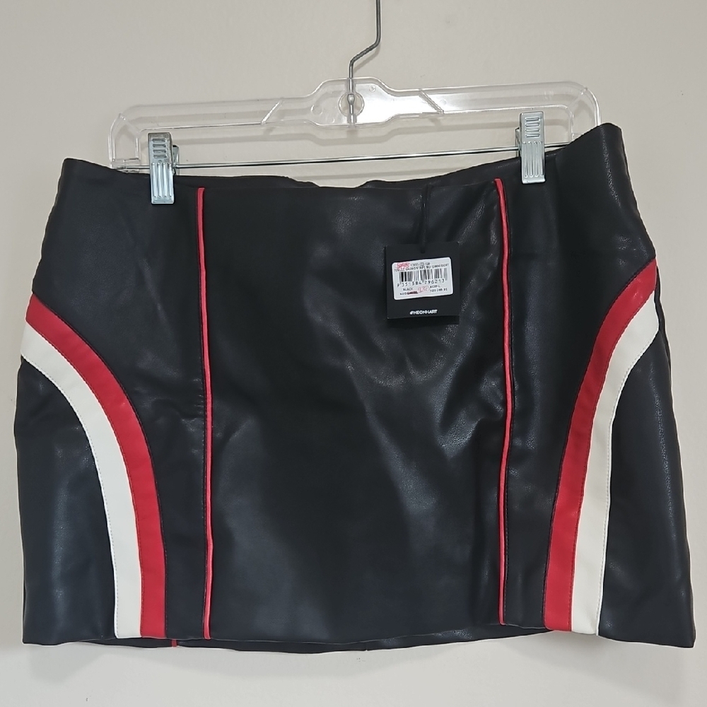 NEON HART MINI FAUX LEATHER SKIRT RED WHITE STRIPES MINI
